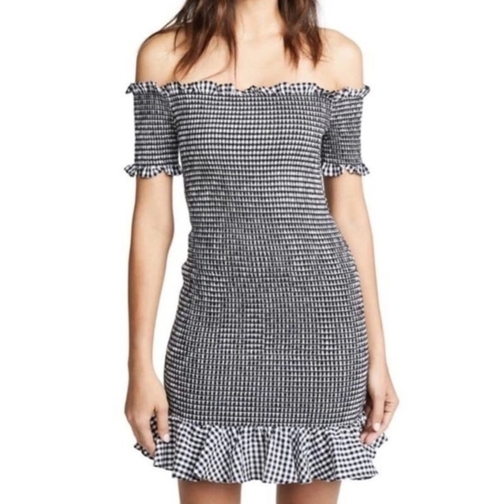 WAYF Black White Gingham Off Shoulder Mini Dress